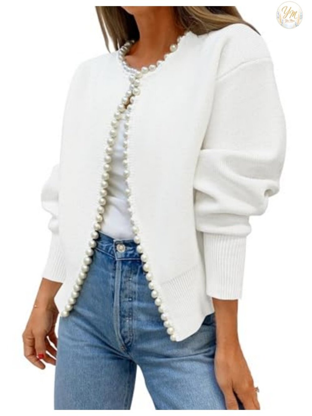 Pearls Trim Open Front Cardigan Sweater, Heavyweight Knit